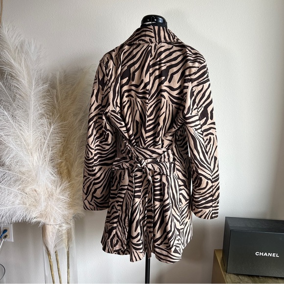 Vintage Chaps Black Tan Animal Zebra Print Trench Coat - Picture 5 of 14
